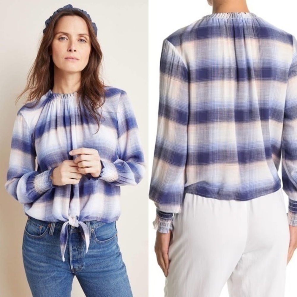 Anthropologie Mae Smocked Tie-Front longsleeves Top blouse